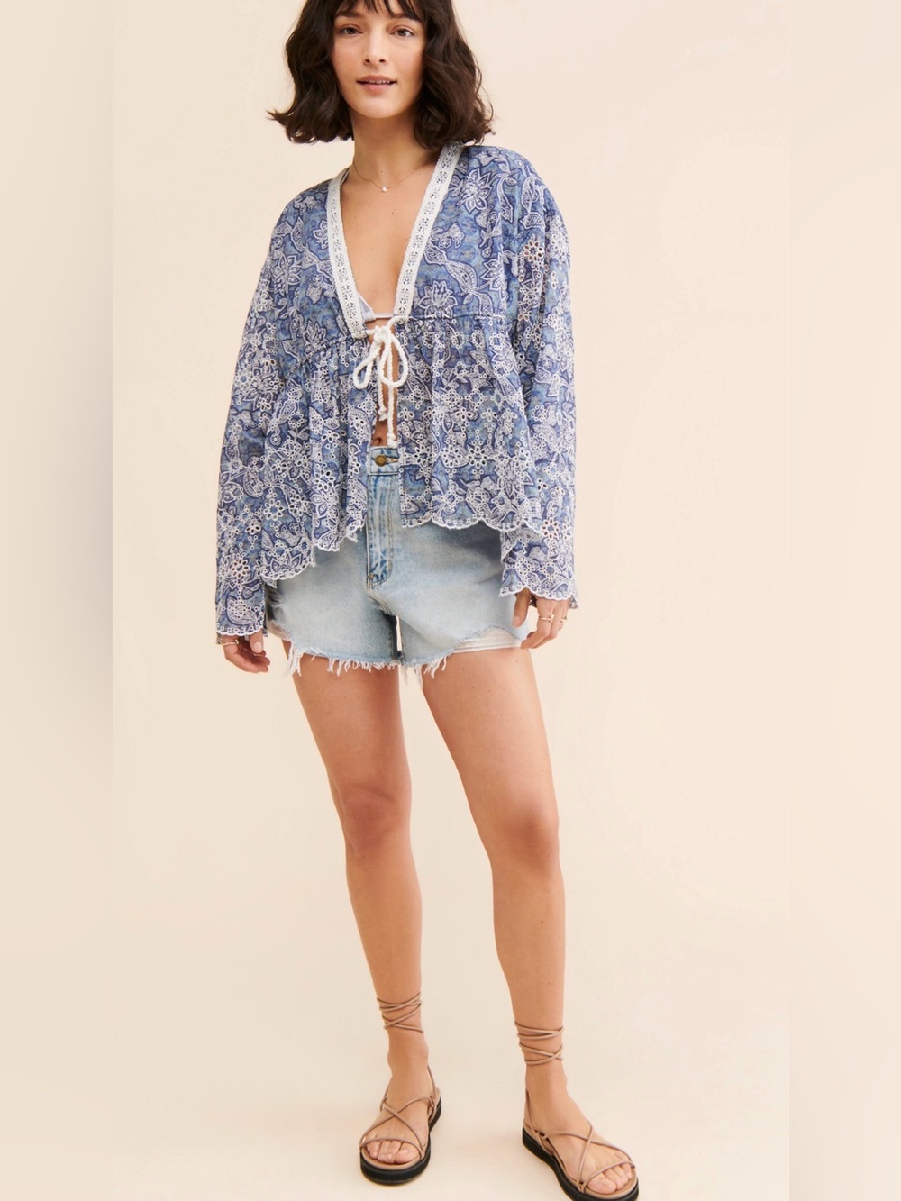Free People Blue Paisley Lace-Trim Peasant Top